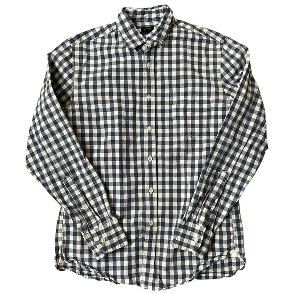 J.‎ Crew Navy and White Long Sleeve Dress Shirt Checkered Gingham Button Shirt